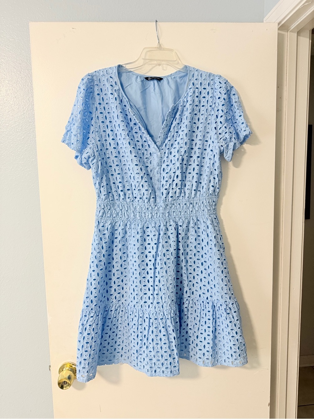 Sky Blue Eyelet V-Neck Smocked Waist Mini Dress